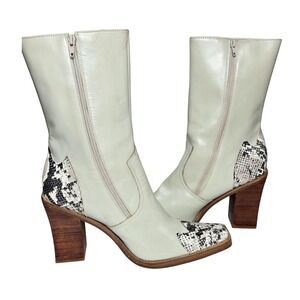 Women's Durango Off-White Leather Snakeskin Square Toe Block‎ Heel Boots Western